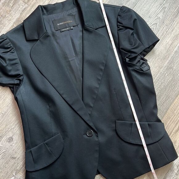 BCBGMaxAzria Ruched Cap Short Sleeve Black Blazer Jacket - Picture 14 of 15